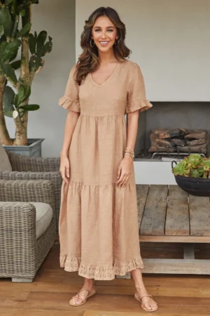 Linen Open Back Tiered Maxi Dress