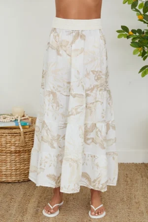 Tropical Print Tiered Linen Skirt White/Beige