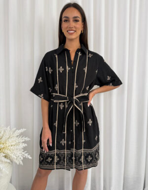 Floral print Black Dress With Belt