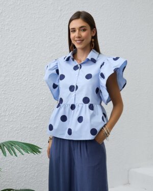 Polka Dot Button Front Butterfly Sleeve Shirt