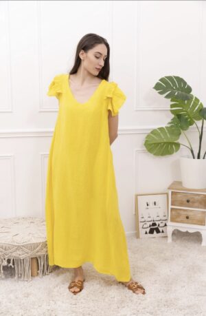 Long Linen Dress V-Neck & Ruffled Sleeves