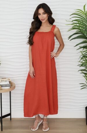 Linen Ruched Chest & Strap Maxi Dress - Red