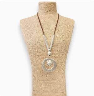 Silver & Pearl on Brown Rope Necklace