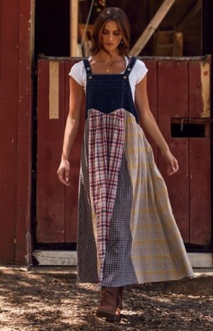 Patchwork Plaid Overall Dress - Dark Denim