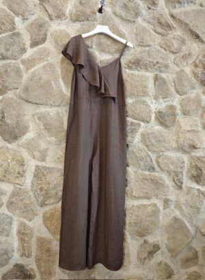 Strap Jumpsuit with Ruffle - Brown